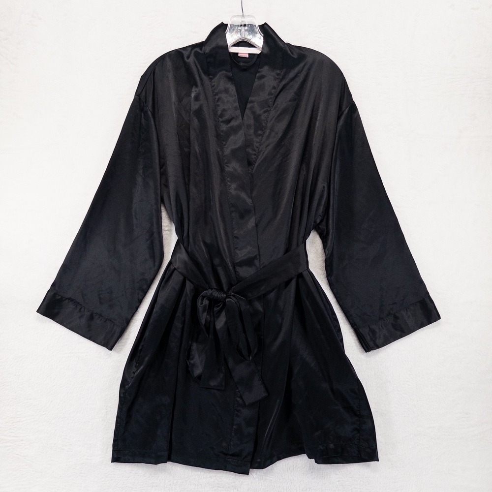 Victoria's Secret Womens Robe One Size Black Satin Kimono Short Wrap Loungewear